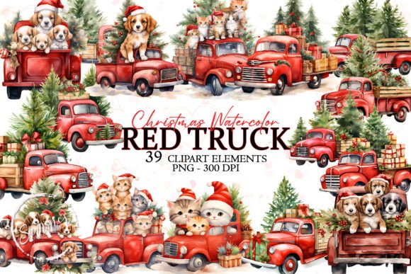 Christmas Red Truck Sublimation Bundle for Digital Illustrations
