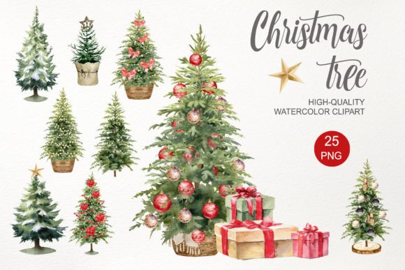 Christmas Tree PNG. Watercolor Clipart for Illustrations