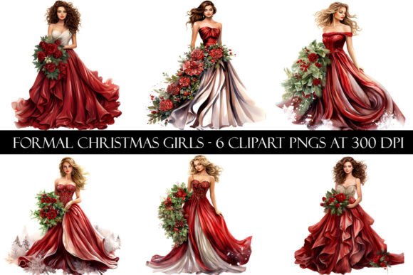 Formal Christmas Girls Clipart for Modern Illustrations