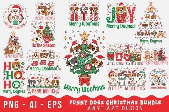 Funny Christmas Dogs Sublimation Bundle: Festive Illustrations for Local Brands