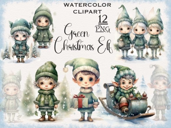 Green Christmas Elf Watercolor Clipart for Modern Illustrations