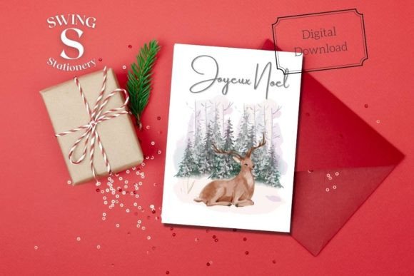Joyeux Noel Snowy Deer Christmas Card for Print Templates