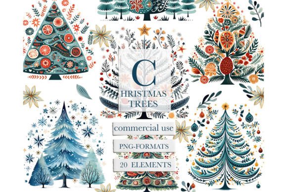 Scandinavian Folk Christmas Tree Clipart for Illustrations