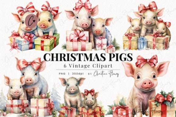 Vintage Christmas Pigs Clipart for Seasonal Illustrations