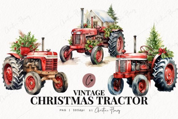Vintage Christmas Tractors Clipart for Seasonal Illustrations