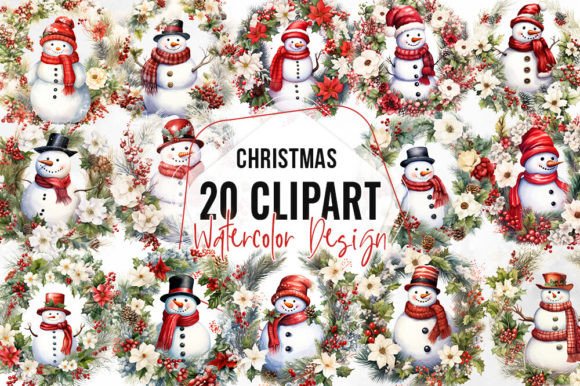 Vintage Snowman Christmas Wreath Clipart for Seasonal Illustrations