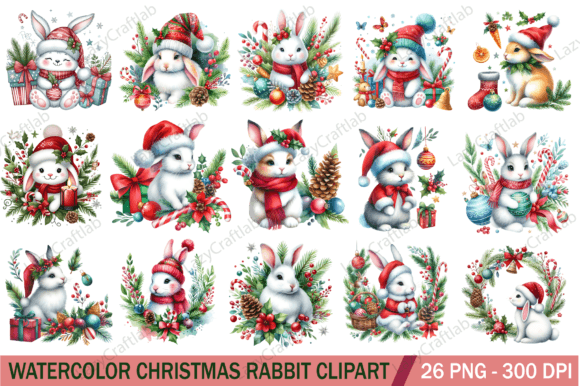 Watercolor Christmas Rabbit Clipart PNG for Modern Illustrations
