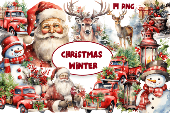 Watercolor Christmas Vintage Clipart for Modern Illustrations