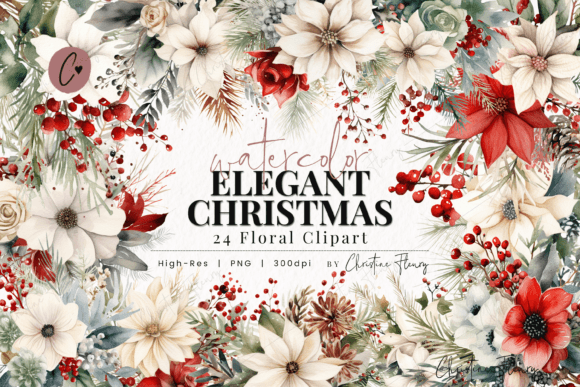 Watercolor Elegant Christmas Flowers for Illustrations